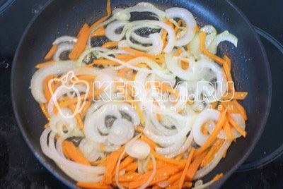 Vyčistěte лук с морковкой, мелко нарезать, пассеровать до золотистого цвета