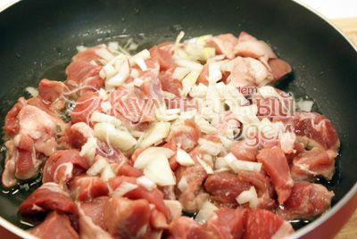 Na разогретой сковороде с маслом обжарить кусочки мяса с мелко нашинкованным луком